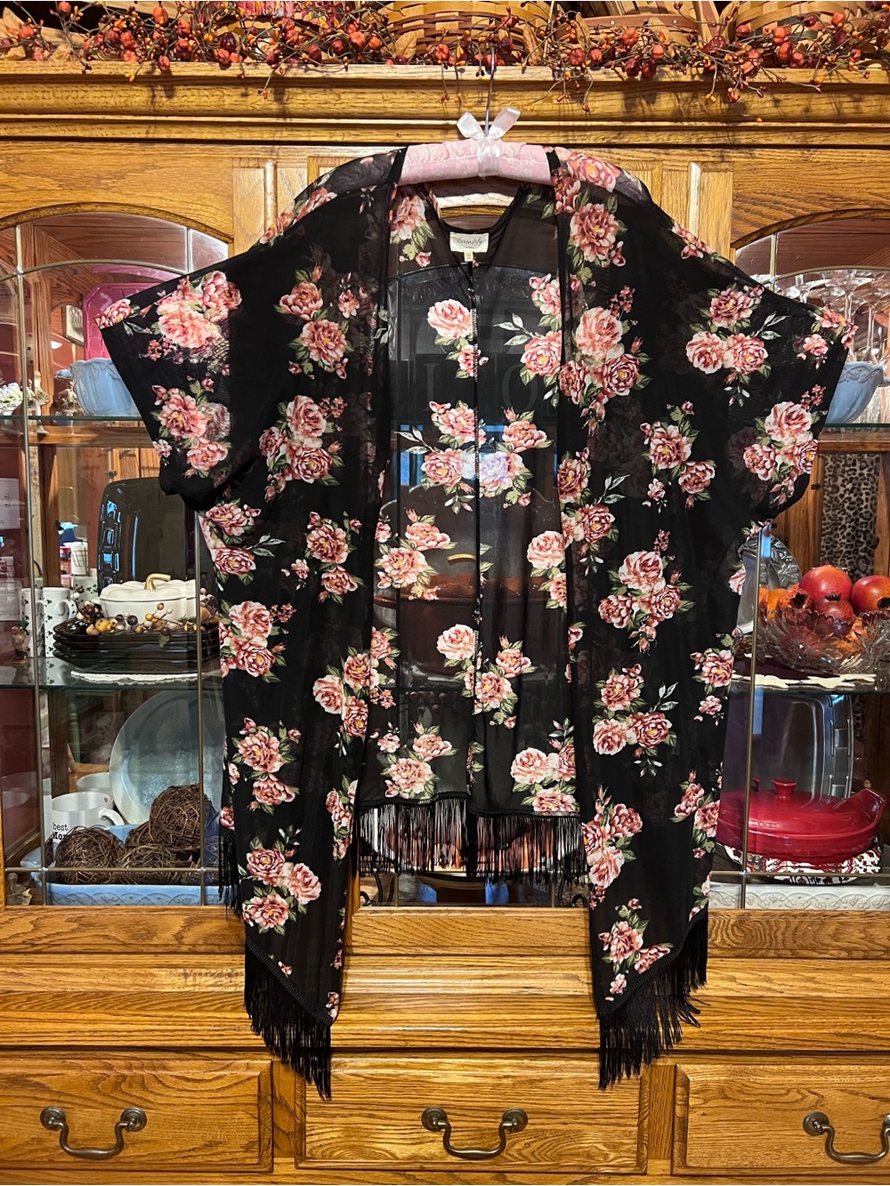 Siren Lily Black Floral Kimono with Fringes -2X 🥀